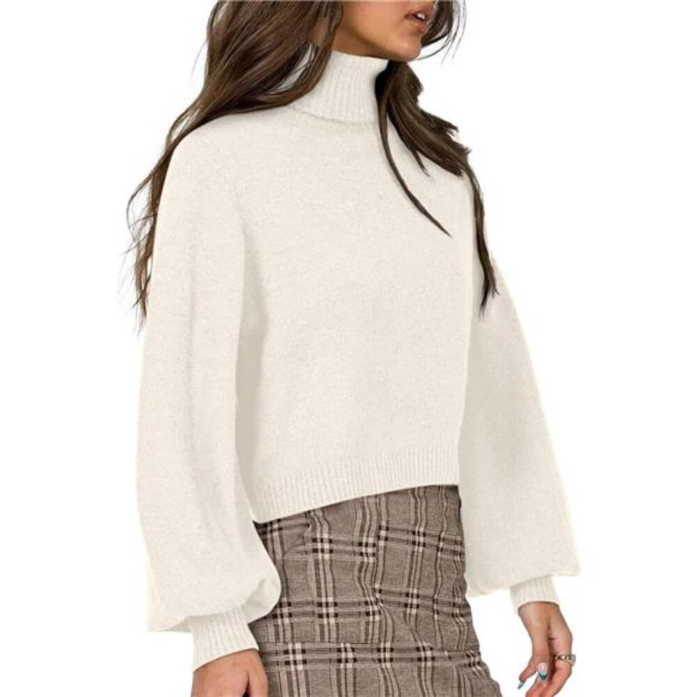 Women‘s Mock Turtle Neck Cropped Sweater Long Lantern Sleeve Knit Pullover